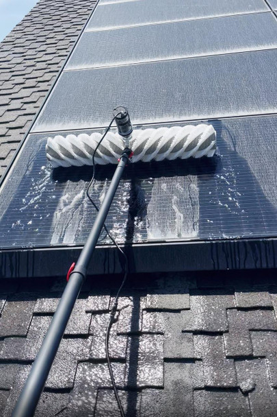 J.Racenstein Water Pump Kit 12v Pump w/ HC Controller, solar panel cleaning using a roller brush and electric water pump on a rooftop.