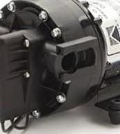 J.Racenstein Water Pump Kit 12v Pump with HC Controller, close-up of the black water pump showing the inlet and outlet ports with mounting screws.