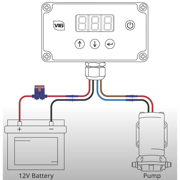 J.Racenstein Water Pump Kit 12v Pump with HC Controller, wiring diagram showing connections between 12V battery, water pump, and HC controller for efficient water management.