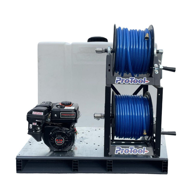 ProTool Solar Delivery Skid 100 gal, image showing a white solar water heating system with blue hoses and a black engine on a metal frame.