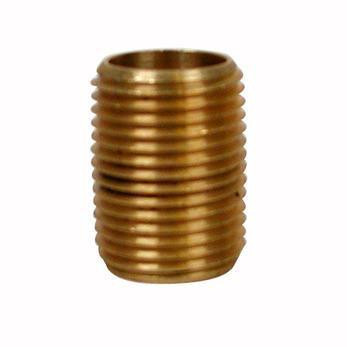 ProTool Nipple Brass 1/2in Pro, close-up of a brass threaded nipple fitting with a cylindrical shape and external threading for plumbing connections.