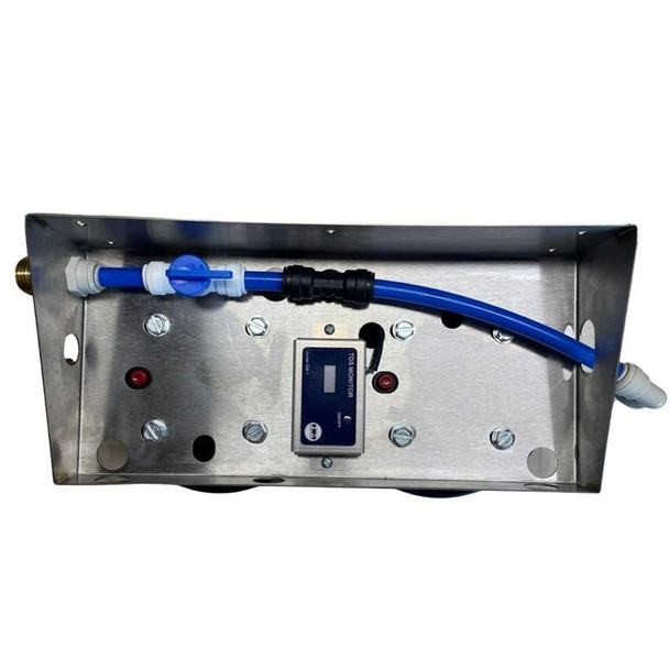 ProTool Dual 20in DI Ready to Use, stainless steel water filtration system with blue tubing and control panel.