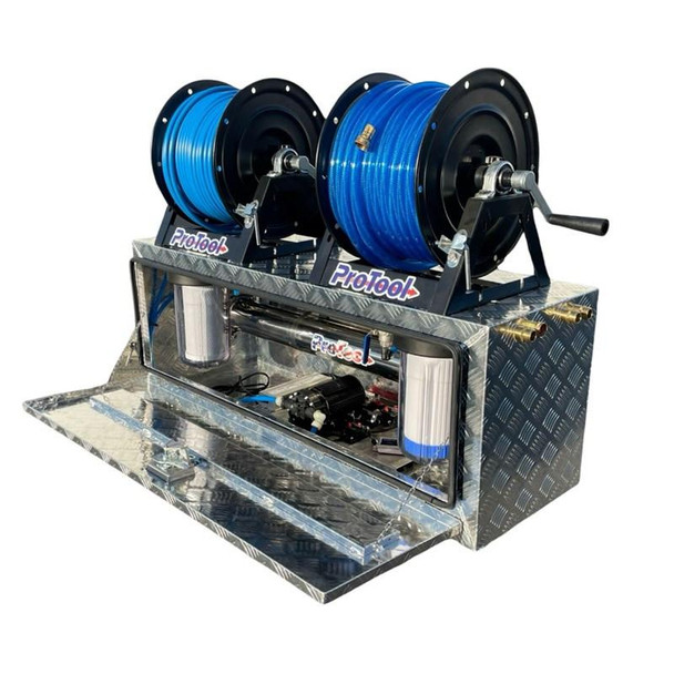 ProTool Hydro Vault RO DI System, a compact water purification device with dual blue reels for tubing and filtration components.