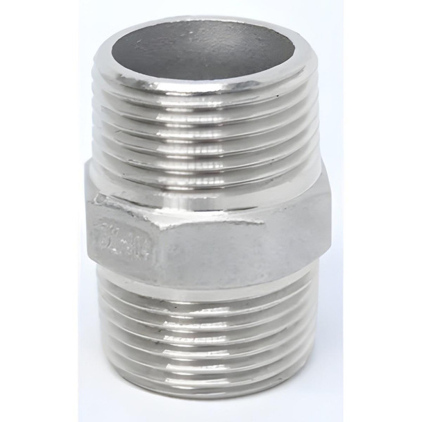 ProTool Nipple Hex Stainless Steel 1/2 in ProTool, a metallic a threaded fitting male connector with hexagonal middle section for tightening.