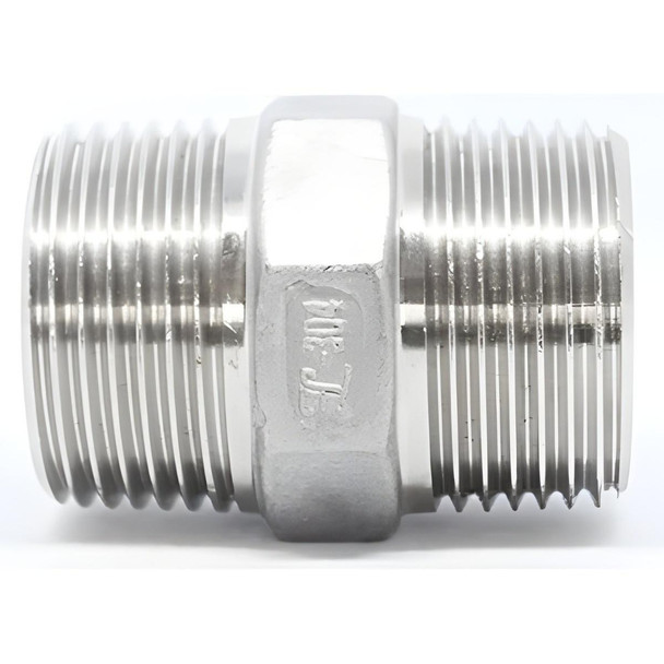 ProTool Nipple Hex Stainless Steel 1/2 in ProTool, close-up of a metallic plumbing fitting with a hexagonal middle section and threaded ends.