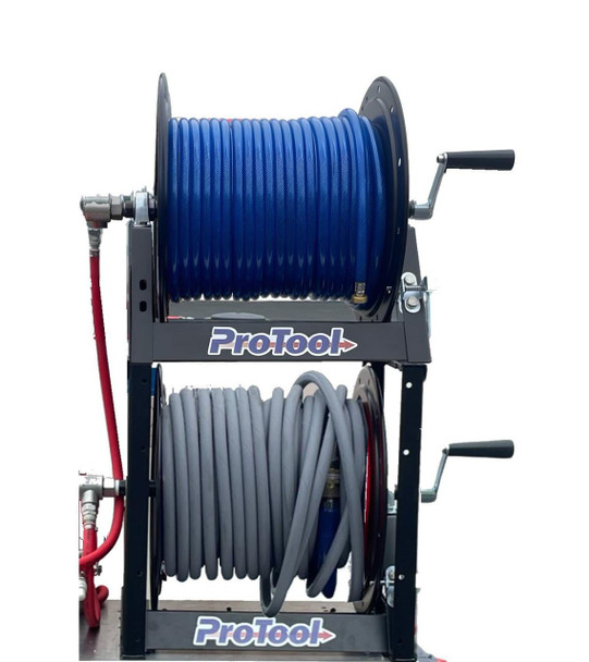 ProTool Pressure Washer Mini Skid 4g 3600p, industrial pressure washer with blue and gray hoses on a metal rack