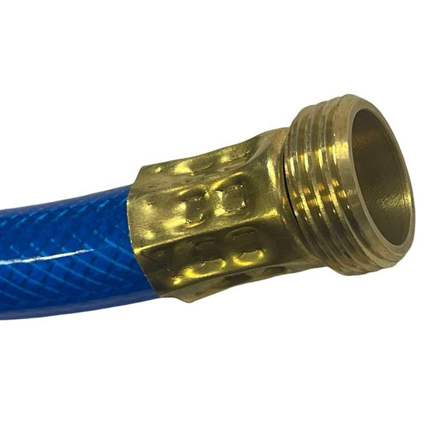 ProTool 1/2in Blue Braided Hose, close-up of the brass fitting on a flexible blue braided hose.