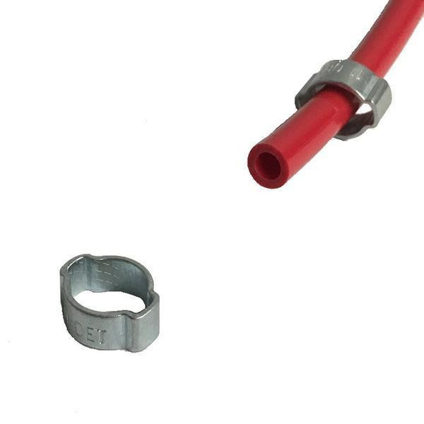 J.Racenstein Clamp Crimp 26.9-30.1mm OD Hose (3/4in), red hose with gray clamp fitting and a metallic clamp ring.