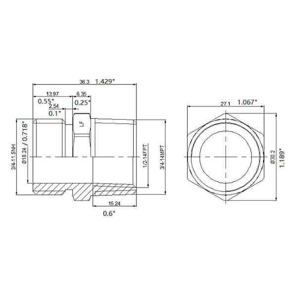 ProTool Fitting M GH to 3/4in MNPT & 1/2in FNPT, technical drawing with detailed measurements and dimensions.
