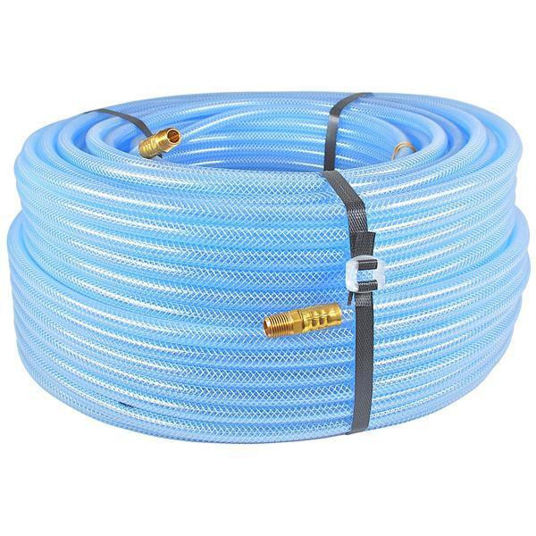 J.Racenstein Hose 5/16in Clear Braided, coiled clear braided hose with brass fittings for flexible fluid transfer.