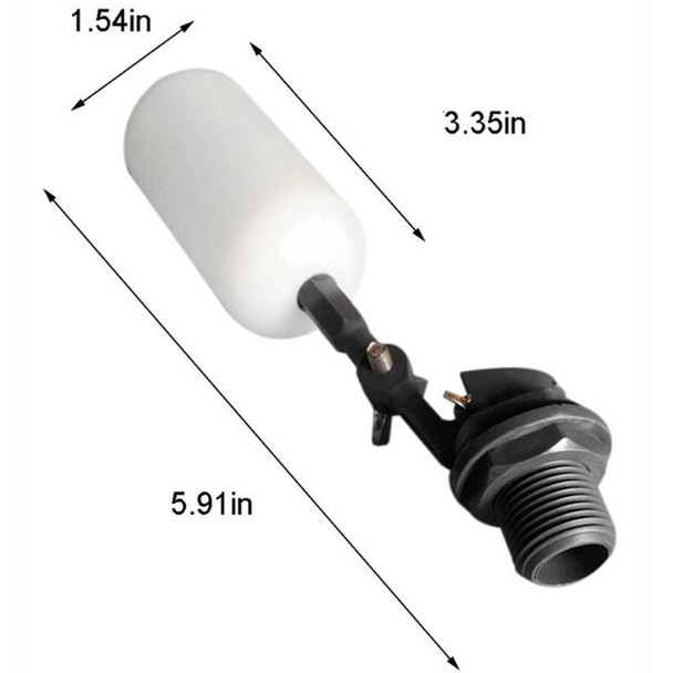 ProTool Float Valve Water Shut off 1/2in NPT Male 1.5gpm, white float valve with black connecting arm and threaded base, measuring approximately 5.91 inches in length.