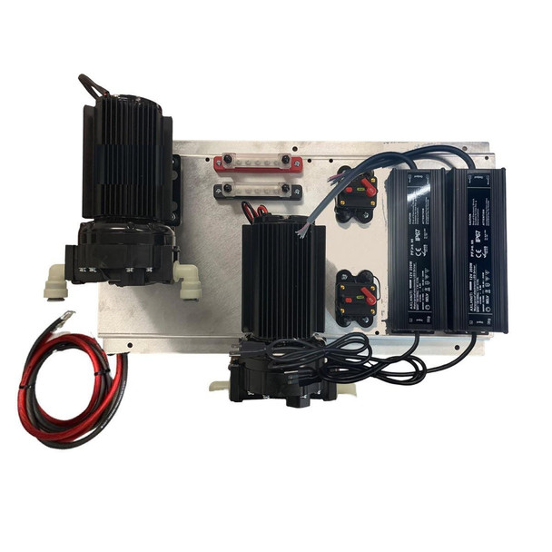 ProTool High Flow Dual 110v or 12v Powered Pump Plate for Solar and Batch Spraying, showcasing a metal base with two black pumps, two black power supplies, wiring, and control switches for efficient spraying operations.