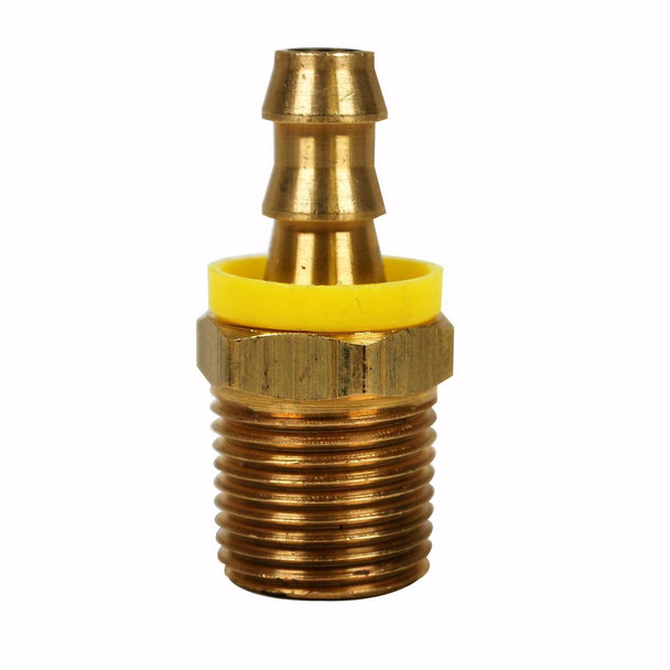 ProTool Hose Barb Gripon 3/8in to 1/2in NPT, brass fitting with yellow rubber washer for secure connection.