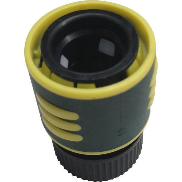 ProTool Poly Hose connector with water stop, close-up of the yellow and black hose connector with water stop feature.