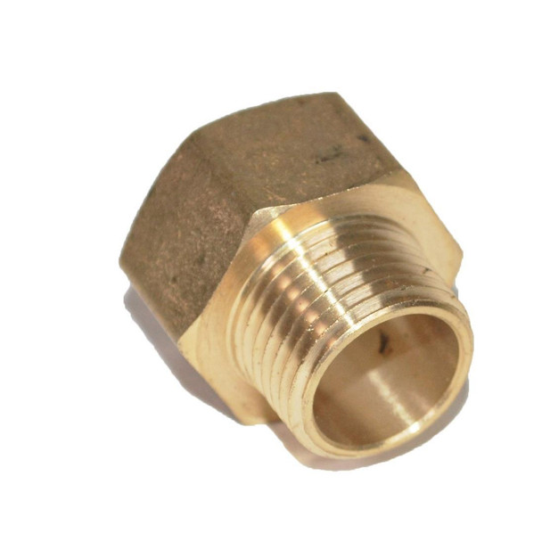 ProTool Fitting 3/4in F GH to 1/2in MNPT, brass plumbing fitting with male threaded end for connecting 3/4 inch female hose to 1/2 inch National Pipe Thread (MNPT) male pipe fitting.