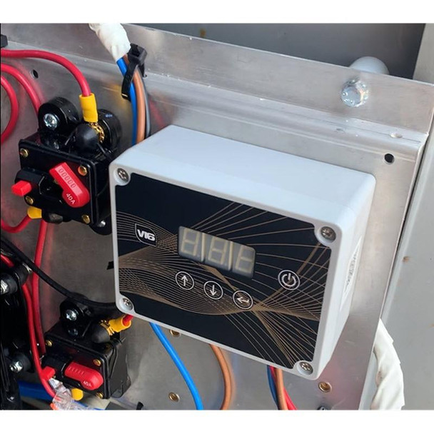 ProTool Wall Mount 20in DI-C 2 RO 2 Pumps 55 gal, electrical control panel with digital display and wiring for water filtration system.