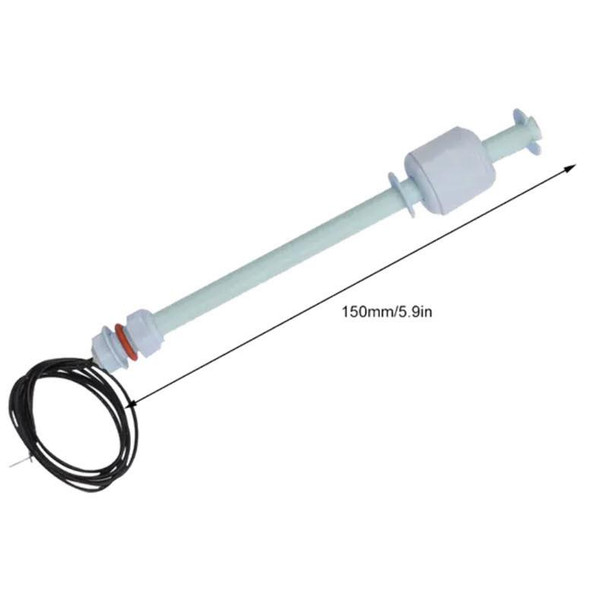 J.Racenstein Water Level Float Switch 6in 12v, a white water level float switch with a 6-inch length and electrical wiring for water tank control.
