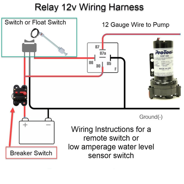 J.Racenstein Relay 12v Wiring Harness, detailed wiring diagram with relay, switch, fuse, battery, and pump connections.