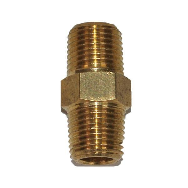 Nipple Hex 1/8in, brass fitting with male threaded ends for air tools and pneumatic devices.