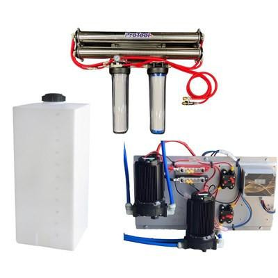 ProTool Wall Mount 20in 2 Hi Flo RO 12V Built, water filtration and reverse osmosis system with dual filter housing, water storage tank, and pump components.
