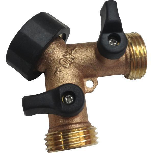 J.Racenstein Wye Adaptor Brass with Plastic Lever Handle Y Garden Hose with shutoff valves, close-up view of the brass hose connector with black plastic handles for controlling water flow.