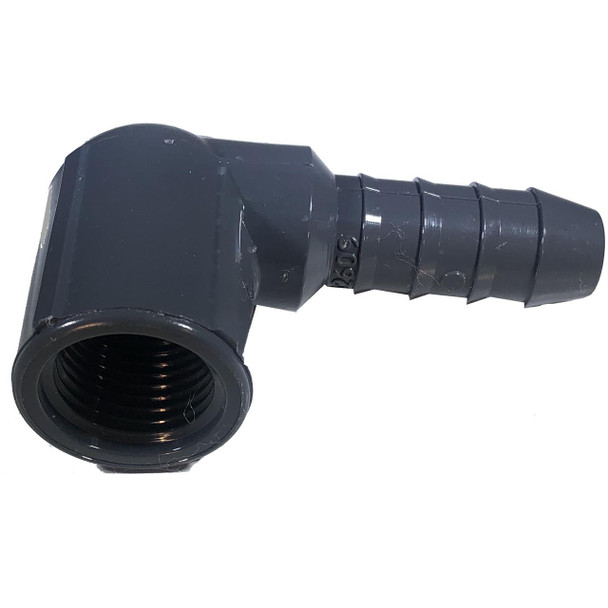 ProTool Elbow Poly 1/2in FPT x 1/2in Barb, black plastic pipe fitting with threaded and barbed connectors for plumbing or irrigation.