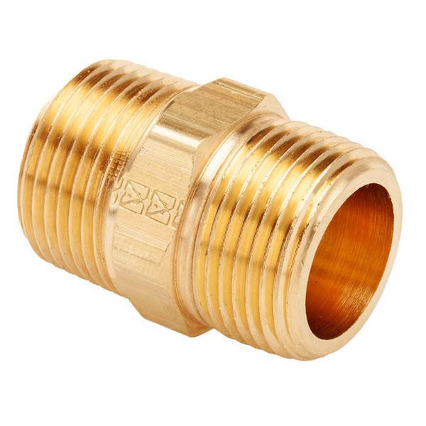 ProTool Nipple Hex Brass 1/2in Brass, close-up of a brass pipe fitting with threaded ends.