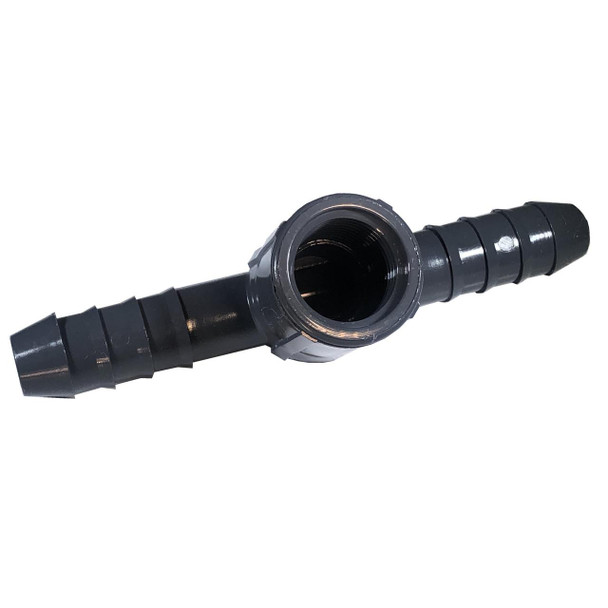 ProTool Tee PVC 1/2in FPT x 1/2in Barb, black plastic pipe fitting with threaded and barbed ends for plumbing connection.