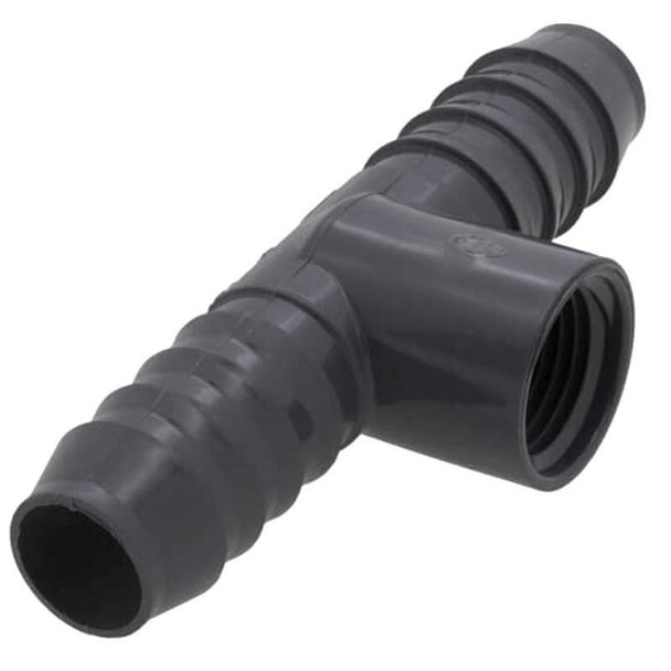 J.Racenstein Tee Poly 1/2in FPT x 3/4in Barb, black plastic plumbing fitting with threaded and barbed connections.
