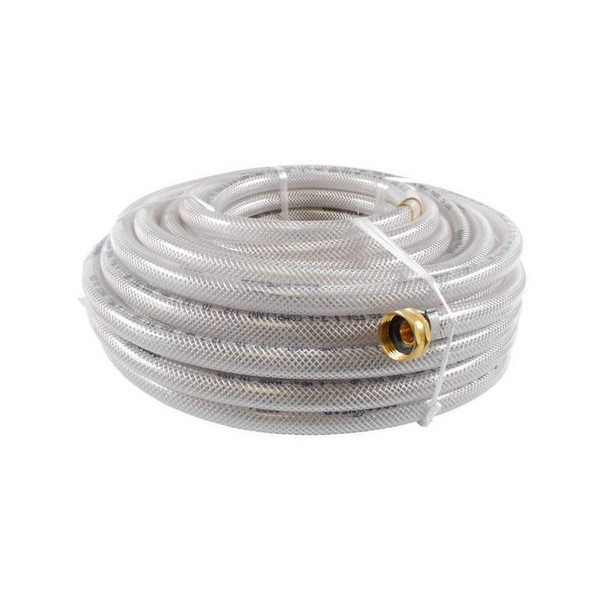 J.Racenstein Hose 1/2in Clear Braided, coiled transparent braided hose with brass fitting for gardening or industrial use.