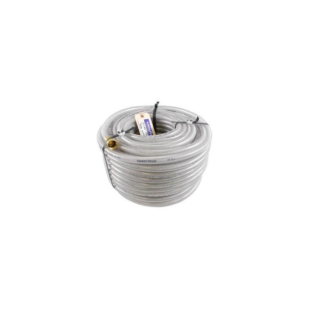 J.Racenstein Hose 1/2in Clear Braided, coiled clear braided hose for water or air transfer used in industrial or gardening applications.