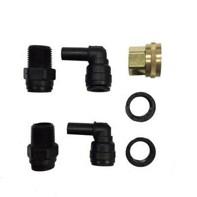 J.Racenstein H2Pro Fitting Kit, image showing various fittings including threaded connectors, elbow joint, brass fitting, and O-rings used for hydration system installations.
