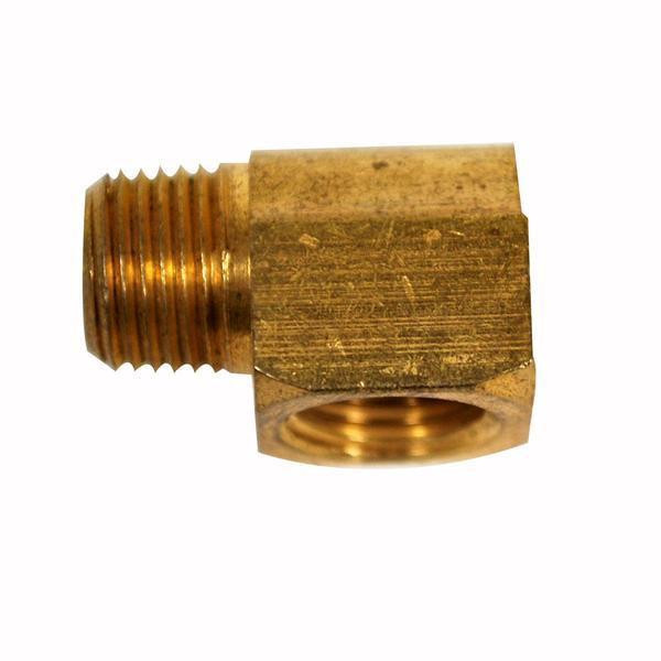ProTool Street Elbow Brass 1/8in, brass pipe fitting with male threaded end and 1/8 inch connection for plumbing or air compressor applications.