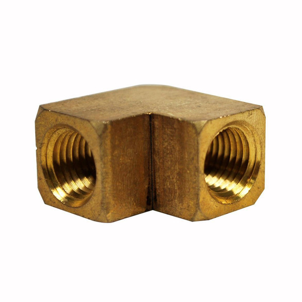 ProTool Elbow Brass 1/4in, brass pipe fitting with two threaded openings for plumbing or pneumatic connection.