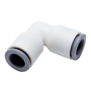 ProTool Elbow Pushfit 10MM, white plastic pipe fitting with gray sealing ring used for plumbing connections.