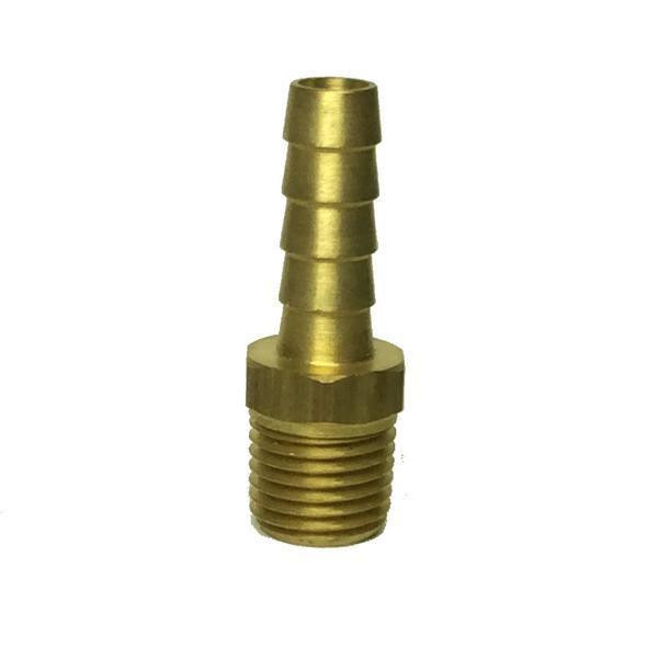 ProTool Hose Barb 5/16in to 1/4in Male Pipe, brass hose barb fitting with barbed end for 5/16 inch hose and threaded end for 1/4 inch pipe connection.