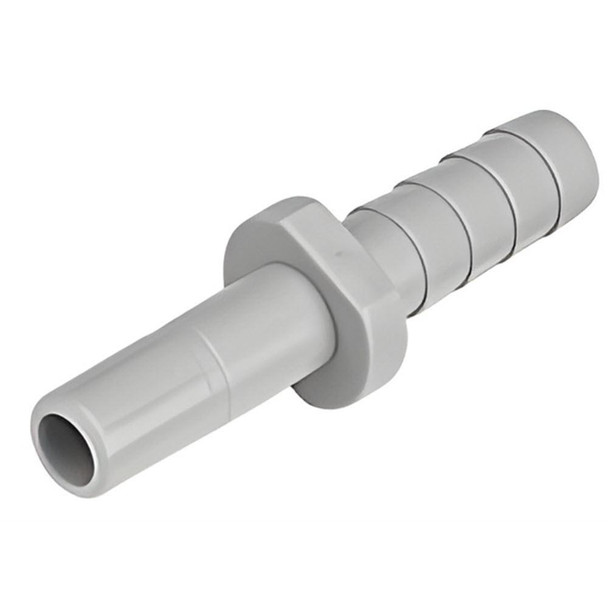 J.Racenstein Pushfit Stem Barb 1/2in Stem x 3/8in Barb, gray plastic push-fit fitting with barbed end for water tubing connections.