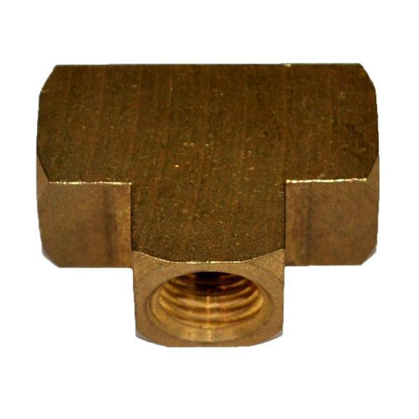 ProTool Tee Brass 1/4in, brass T-shaped connector with threaded interior for plumbing or pneumatic applications.