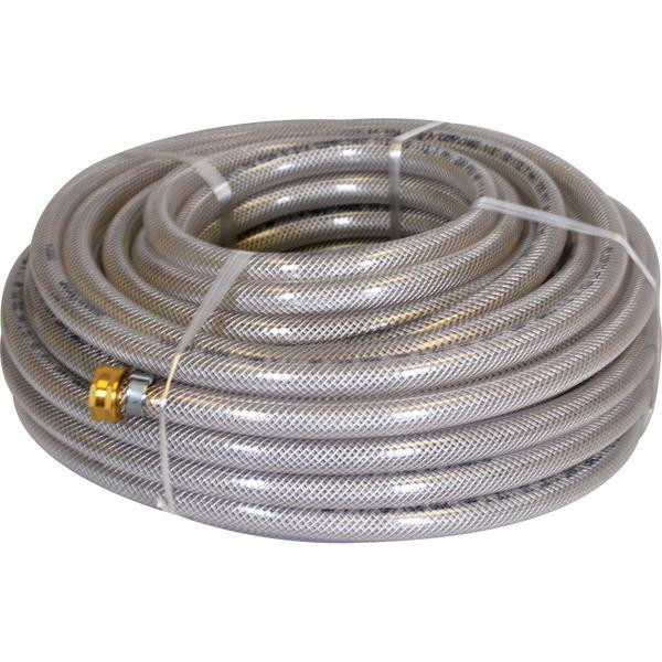 J.Racenstein Hose 5/8in Clear Braided, coiled length of flexible, transparent braided garden hose with brass fitting.