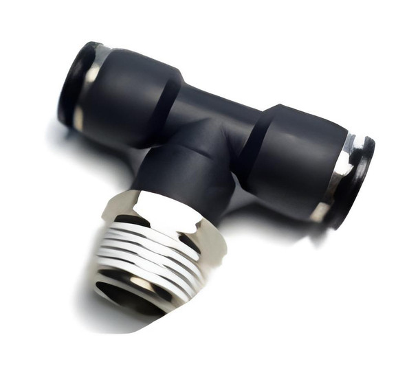 ProTool Tee 1/2in PushFit to NPT 1/2in, black and silver push-fit fitting with threaded connection for plumbing or pneumatic systems.