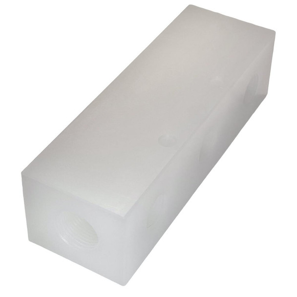 ProTool Metering Manifold White Poly 5 Port Softwash, image of a white plastic manifold with 5 ports including 3/4 inch and 1/2 inch connections for softwash applications.