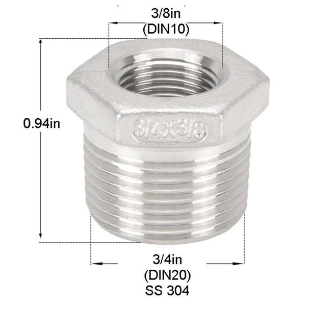J.Racenstein Bushing Hex 3/4in x 3/8in SS, stainless steel hex bushing with detailed dimensions and threading information.