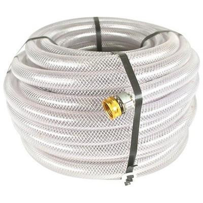 J.Racenstein Hose 3/4in Clear Braided, coiled transparent reinforced flexible hose with brass fitting.