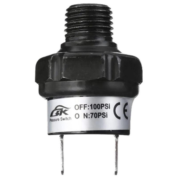 J.Racenstein Pressure Switch 100 Open 70 Close 16 Amp, black and white pressure control switch with threaded connection and prongs for electrical connection.