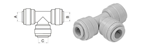 ProTool Tee Fitting Union OD Tube, plumbing fitting with three outlets for connecting 1/2-inch and 3/8-inch tubing, shown in a diagram and physical form.