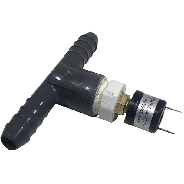 J.Racenstein Pressure Switch 100-off 70-on 1/2in Hose, black pressure switch with hose connector and brass fitting.