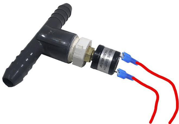 J.Racenstein Pressure Switch 100-off 70-on 1/2in Hose, image of a black pressure switch with electrical connectors and hose fittings for controlling air or water pressure.