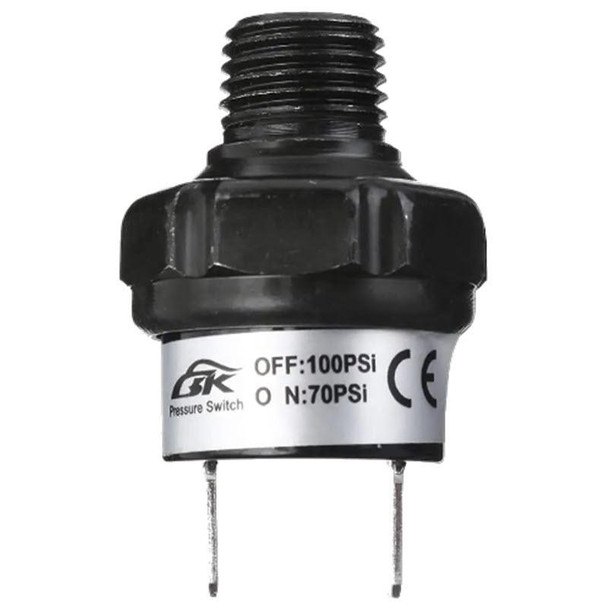 J.Racenstein Pressure Switch 100-off 70-on 1/2in Hose, black pressure switch with threaded top, metal pin connectors at the bottom, and technical specifications printed on the side.