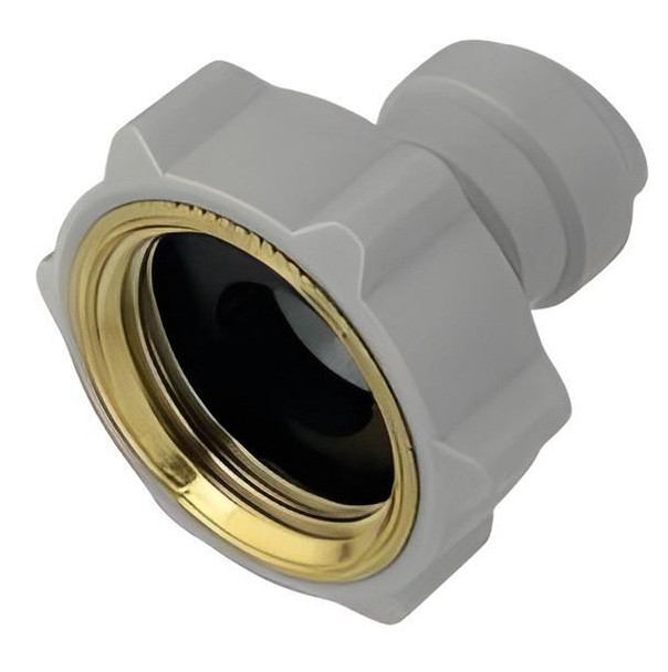 J.Racenstein Adaptor 3/8 Pole Hose to Garden Hose Female, grey plastic garden hose connector with brass interior for secure attachment.