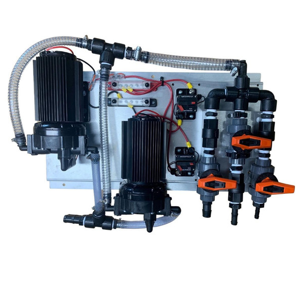 J.Racenstein ProTool Dual Pump Mounting Ready to Use, industrial pump system with dual black pumps, electrical wiring, hoses, and orange-tipped control valves mounted on a metal panel.